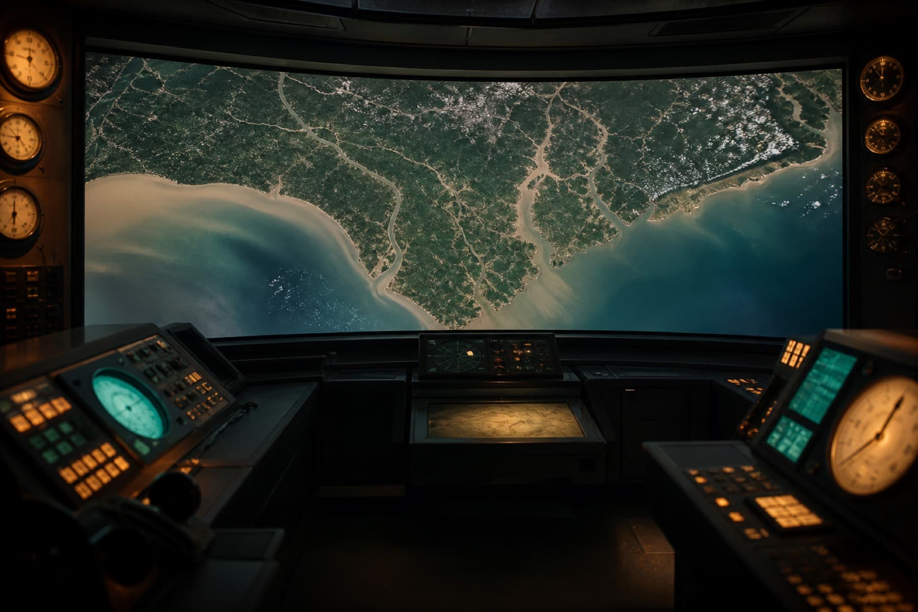 Operations room looking onto a coastal satellite map