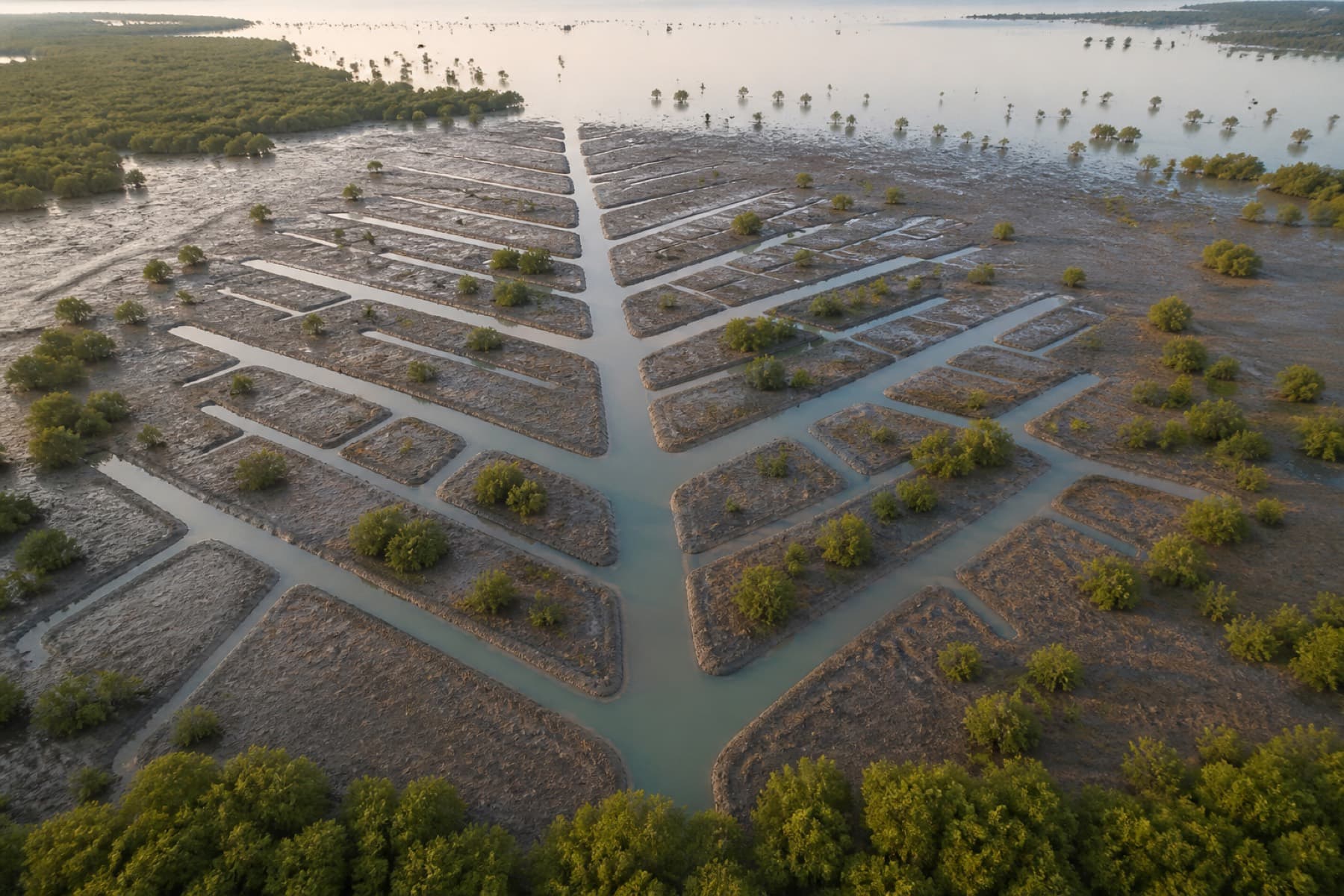 Fishbone tidal channels cut through a mudflat