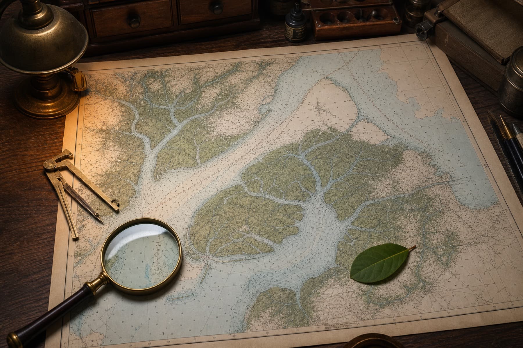 Hydrographic chart and calipers on a desk