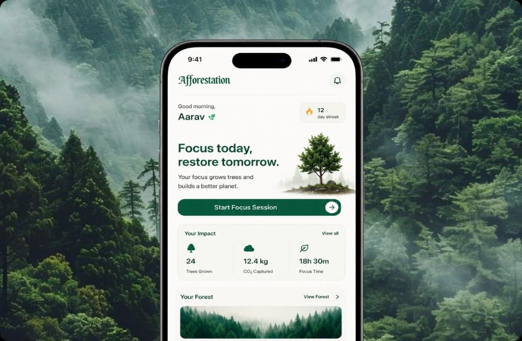 Afforestation mobile app showing focus sessions, impact tracking, and your forest